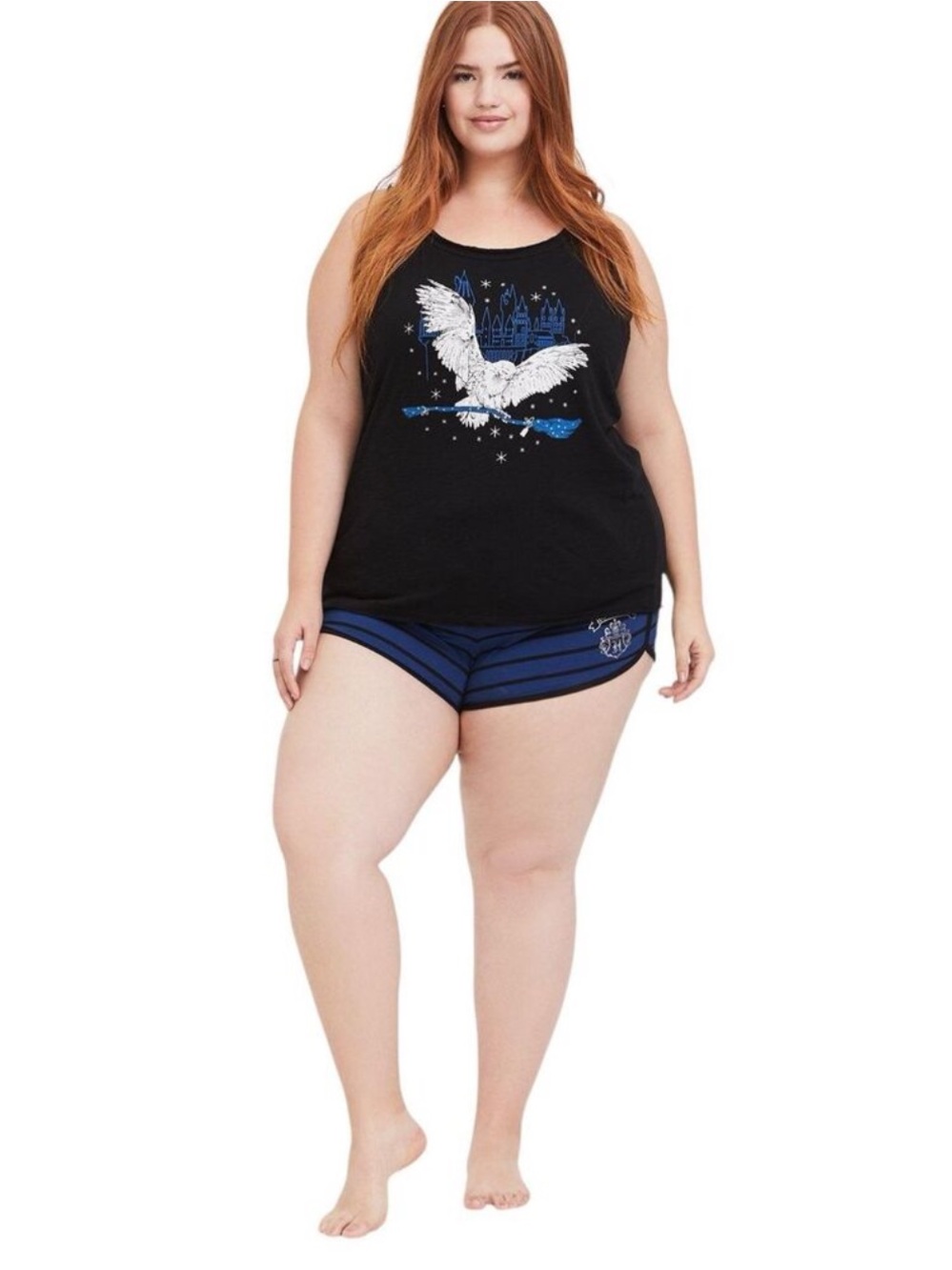 Torrid Harry Potter Pajama Set - 4X Black Hedwig Tank + 3X Blue Stripe Shorts - Picture 2 of 8